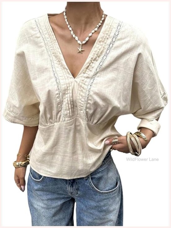 Tops - Boho Peasant Blouse Lace V Neck Cinched Waist 3/4 Sleeve Embroidered Shirt